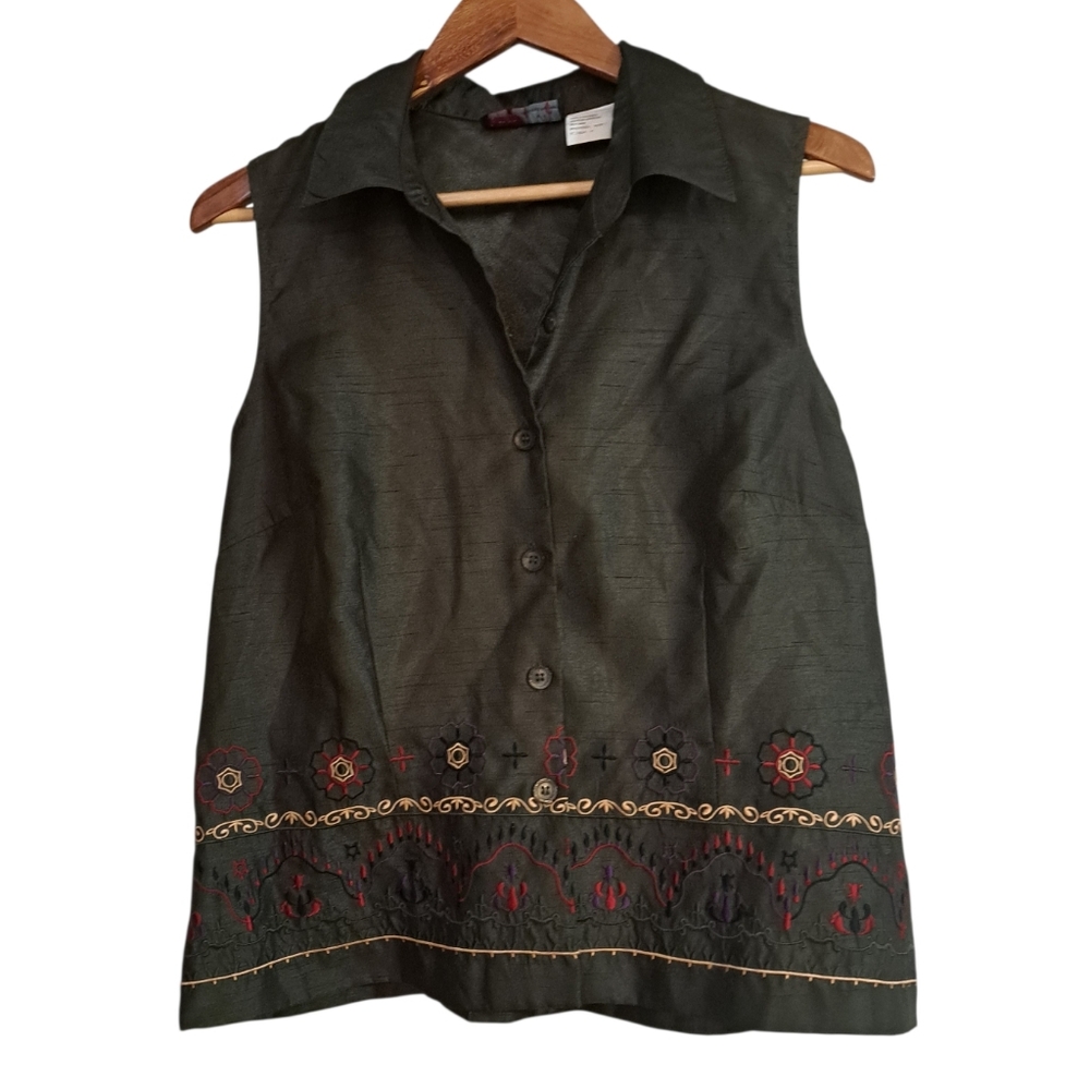 Melissa Harper Olive Green Embroidered Sleeveless Blouse